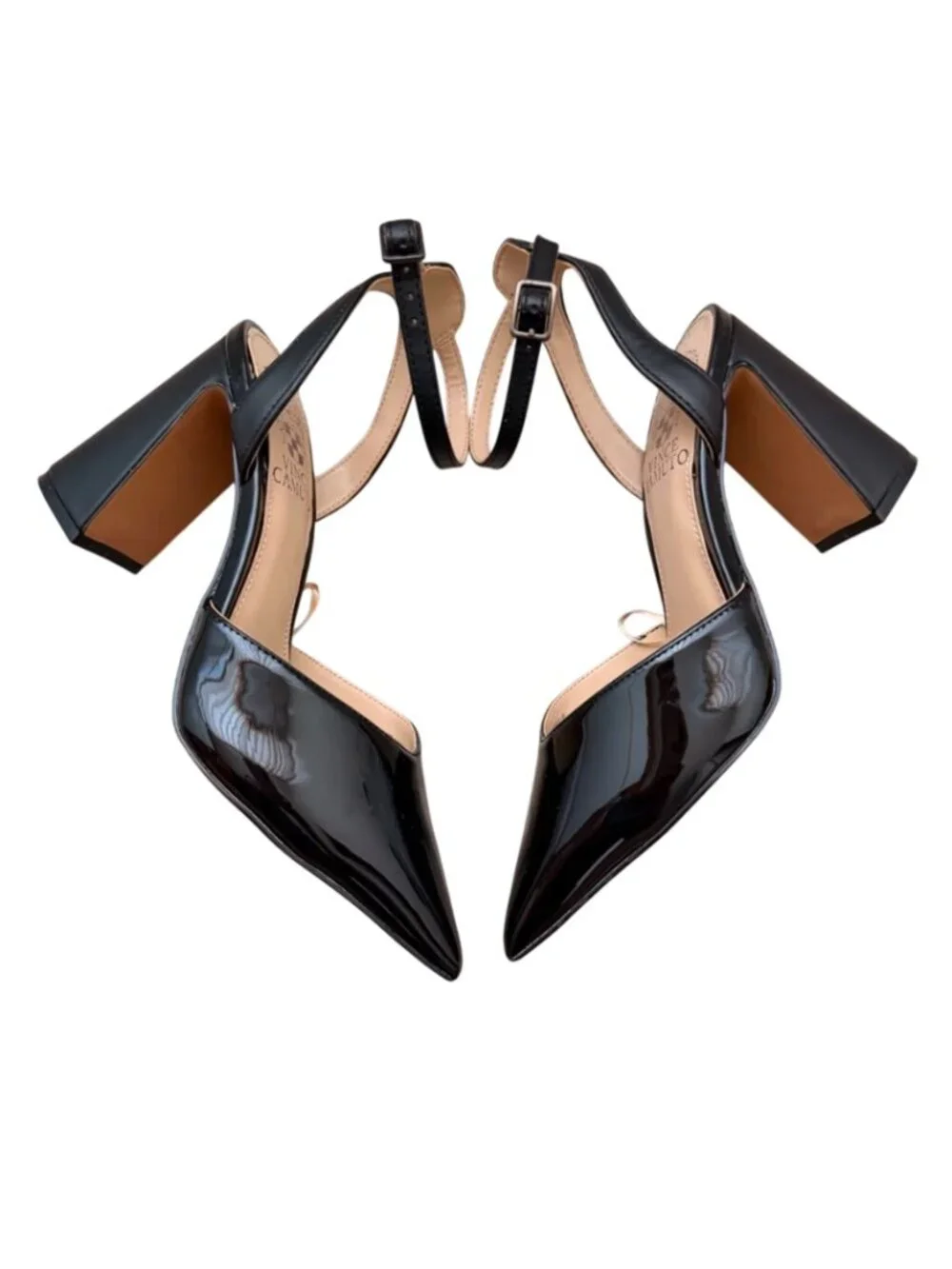 Vince Camuto Black Patent Block Heels - Pointed Toe Slingback Shoes Size US 5.5W